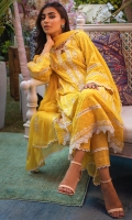 Pineapple yellow schiffli kurta with white embellishments paired with pants and a chiffon block printed dupatta.