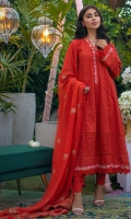Scarlet red schiffli kurta with embroidery and mirror detailing paired with pants and a chiffon block printed dupatta.