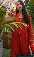 Scarlet red schiffli kurta with embroidery and mirror detailing paired with pants and a chiffon block printed dupatta.
