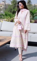 Sand schiffli kurta with embroidery paired with pants and a powder pink chiffon digital printed dupatta.