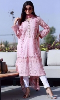 Dusty pink schiffli kurta with embellishments paired with gota pants and a chiffon block printed ruffled dupatta.