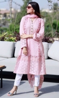 Dusty pink schiffli kurta with embellishments paired with gota pants and a chiffon block printed ruffled dupatta.