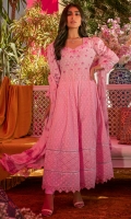 Taffy pink schiffli anarkali with a sweetheart neckline and puffed sleeves paired with pants and a chiffon block printed dupatta.