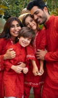 Scarlet red schiffli kurta with embroidery and mirror detailing paired with pants.