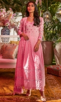 Taffy pink schiffli anarkali with a sweetheart neckline and puffed sleeves paired with pants and a chiffon block printed dupatta.