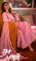 Taffy pink schiffli anarkali with a sweetheart neckline and puffed sleeves paired with pants and a chiffon block printed dupatta.