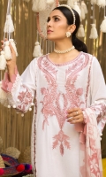 • Embroidered front on dobby fabric (1.25 Yards) • Sleeves and back on dobby fabric (2 Yards) • Embroidered sleeves lace (30 inches) • Embroidered daman lace (30 inches) • Embroidered front lace (60 inches) • Digital printed chiffon dupatta • Dyed trouser