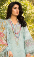 • Schiffli embroidered front on dyed fabric (1 Meter) • Schiffli embroidered sleeves on dyed fabric (0.75 Meter) • Schiffli embroidered back on dyed fabric (1.25 Meter) • Embroidered neckline • Embroidered lace for front and sleeves (1.66 Yards or 60 inches) • Floral daman (5 flowers) • Digital printed Chiffon dupatta • Dyed trouser