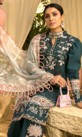• Digital printed embroidered front (1.25 Meter) • Sleeves on dyed fabric (0.75 Meter) • Digital printed back (1.25 Meter) • Embroidered lace for front and sleeves (1.66 Yards or 60 inches) • Embroidered daman lace (30 inches) • Embroidered trouser motif (2 pcs) • Digital patti for front and sleeves (60 inches) • Digital printed Silk dupatta • Dyed trouser