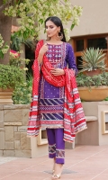 Shirt: Printed Cambric (3 meters) Dupatta: Printed Lawn (2.5 meters) Trouser: Dyed Cambric (2.5 meters)