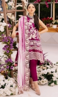 Fully embroidered central panel on dyed lawn. Schiffli embroidered side panel. 3D embroidered flowers for front. Embroidered daman patti on dyed lawn for front. Embroidered daman patti on organza for front. Plain dyed lawn for back 1.25 yards. Embroidered daman patti for back on organza. Fully embroidered sleeves on dyed lawn 0.69 yard. Additional embroidered border for sleeves. Tie & Dye tissue silk dupatta 2.5 meters. Embroidered patti for four sides of dupatta pallu on organza. Plain dyed cotton trouser 2.5 meters. Embroidered border for trouser.