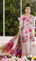 Fully embroidered front on dyed lawn. Embroidered daman border for front. Digital printed lawn for back 1.25 yards. Digital printed lawn for sleeves 0.69 yard. Digital printed dupatta on tissue silk 2.5 meters. Plain dyed cotton trouser 2.5 meters.
