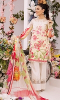 Fully embroidered front on dyed lawn. Floral embroidered neckline patch for front. Heavy embroidered daman border for front. Digital printed lawn for back 1.25 yards. Digital printed sleeves 0.69 yard. Digital printed dupatta on chiffon 2.5 meters. Plain dyed cotton trouser 2.5 meters.