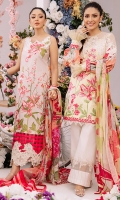 Fully embroidered front on dyed lawn. Floral embroidered neckline patch for front. Heavy embroidered daman border for front. Digital printed lawn for back 1.25 yards. Digital printed sleeves 0.69 yard. Digital printed dupatta on chiffon 2.5 meters. Plain dyed cotton trouser 2.5 meters.