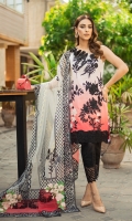 Embroidered front on digital printed lawn with 3D sequins floral motifs. Sequin embroidered 3D motif for neckline. Embroidered daman patti for front. Digital printed lawn for back 1.25 yards. Embroidered daman border back. Digital printed lawn for sleeves 0.69 yard. Embroidered patti for sleeves. Foil printed dupatta on dyed net with four sided embroidered patti. 4 floral patches, embroidered pallu for both sides dupatta. Dyed cotton trouser 2.5 meters. Embroidered border for trouser.