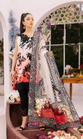 Embroidered front on digital printed lawn with 3D sequins floral motifs. Sequin embroidered 3D motif for neckline. Embroidered daman patti for front. Digital printed lawn for back 1.25 yards. Embroidered daman border back. Digital printed lawn for sleeves 0.69 yard. Embroidered patti for sleeves. Foil printed dupatta on dyed net with four sided embroidered patti. 4 floral patches, embroidered pallu for both sides dupatta. Dyed cotton trouser 2.5 meters. Embroidered border for trouser.