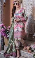 Digital printed embroidered lawn front 1.25 yards. Embroidered border daman for front. Digital printed lawn for back 1.25 yards. Digital printed sleeves 0.69 yards. Embroidered patti with 2 motifs for sleeves. 2 yards dyed net with embroidery for dupatta. 2 pallu screen printed on cotton silk for dupatta. 6 embroidered motifs for both sides of pallu for dupatta. Digital printed cotton trouser 2.50 meters.