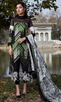 Pure silk digital printed dupata 2.75 yards . Embroidered dyed front 1.25 yards. Embroidered daman border 1 meter . Embroidered line fabric black 1 meter . Digital printed lawn Back 1.25 yards . Digital printed sleeves 0.65 yards. Dyed trouser 2.5 meters.
