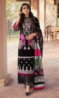 Heavy Embroidered front on velvet. Embroidered Back on velvet. Embroidered Sleeves on velvet. Embroidered border for sleeves on velvet. Silver foil printed dupatta dyed organza. Embroidered floral pallu patch for both side of dupatta on organza. Embroidered floral patch for dupatta center on organza. Additional dyed green and shocking pink organza for both side of pallu for dupatta. Plain dyed viscose Trouser 2.5 meters.