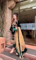 Heavy Embroidered front on velvet. Embroidered front daman border on dyed satin silk. Plain velvet for back along with side panel for front. Embroidered motif for back on organza. Embroidered daman border for back on satin silk. Embroidered Sleeves on velvet. Embroidered sleeves patti on satin silk. Embroidered dyed organza for dupatta. Embroidered pallu border on green velvet. Heavy Embroidered motif for both side of pallu on dyed organza. Embroidered patti for length of dupatta on satin silk. Plain dyed viscose Trouser 2.5 meters.
