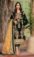 Heavy Embroidered front on velvet. Embroidered front daman border on dyed satin silk. Plain velvet for back along with side panel for front. Embroidered motif for back on organza. Embroidered daman border for back on satin silk. Embroidered Sleeves on velvet. Embroidered sleeves patti on satin silk. Embroidered dyed organza for dupatta. Embroidered pallu border on green velvet. Heavy Embroidered motif for both side of pallu on dyed organza. Embroidered patti for length of dupatta on satin silk. Plain dyed viscose Trouser 2.5 meters.