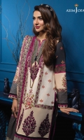 1 Embroidered neckline on organza 4 embroidered bunches on organza Printed shirt on Cambric 2.5 meter printed trouser on Cambric 2.5 meter printed lawn dupatta