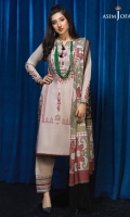 1 Embroidered neckline on organza Printed shirt on karandi 2.5 meter printed trouser on karandi 2.5 meter printed dupatta on karnadi