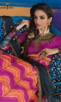 1 embroidered neckline with mirrors 2 embroidered bunches for sleeves with mirrors 3.5 m (9mm) thin embroidered border for daaman 2.5 m embroidered net dupatta Front & back printed bodice on tussur silk 14 printed kalis on tussur silk Printed sleeves on tussur silk 2.5 m dyed cotton silk trouser