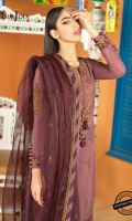 Embroidered Front Center Panel Embroidered Front two Side Panels Embroidered Back Neckline Embroidered Sleeves two bunches Embroidered Sleeves Border Embroidered Back Border 2.5 Meter Embroidered Dupatta Embroidered Daaman Border Front 30"  2.5 Meter Raw Silk Trouser