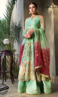 Embroidered bodice W=20" H=40" Embroidered sleeves W=39" H=26" Kalis 14 Hem border 3 meter Thin border 1 meter Dyed trouser 2.5 meter Dyed woven organza dupatta 2.5 meter