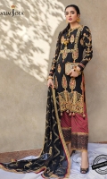 Embroidered Front and Back on raw silk (W=26 H=88") Embroidered daaman border front and back on raw silk (26"both) Thin border on raw silk 1 meter Embroidered all-over for sleeves on raw silk (W=39” H=24”) Embroidered chiffon dupatta 2.5 Digital printed raw silk border 2 meter Digital printed raw silk trouser 2.5 meter