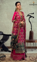 Embroidered Raw silk Front (W=26" H=43") Embroidered Raw silk Back (W=26" H=43") Raw silk embroidered daaman border front and back 52” Thin border on raw silk 1 meter Embroidered sleeves all-over on raw silk (W=39” H=20”) Border for sleeves on raw silk 1 meter Embroidered chiffon dupatta 2.5 meter Dyed raw silk trouser 2.5 meter