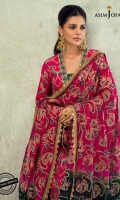 Embroidered Raw silk Front (W=26" H=43") Embroidered Raw silk Back (W=26" H=43") Raw silk embroidered daaman border front and back 52” Thin border on raw silk 1 meter Embroidered sleeves all-over on raw silk (W=39” H=20”) Border for sleeves on raw silk 1 meter Embroidered chiffon dupatta 2.5 meter Dyed raw silk trouser 2.5 meter