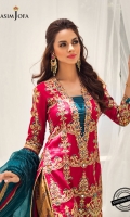 Embroidered front with hand work (W=26” H=45”) Embroidered back with hand work (W=26” H=45”) Embroidered sleeves with handwork (W=39 H=26") Thin embroidered border with handwork 1 m Embroidered border for front and back 52" Digital printed viscose raw silk for trouser 2.5 meter Woven organza dyed dupatta 2.5 meter