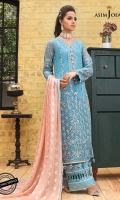 Embroidered Front (W=29"H=45") Embroidered back (W=29"H=45") Embroidered sleeves (W=39"H=26") Embroidered border for front and back 52" Thin embroidered border 1 meter Dyed raw silk trouser 2.5 meter Dyed woven jacquard chiffon dupatta 2.5 meter