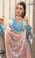 Embroidered Front (W=29"H=45") Embroidered back (W=29"H=45") Embroidered sleeves (W=39"H=26") Embroidered border for front and back 52" Thin embroidered border 1 meter Dyed raw silk trouser 2.5 meter Dyed woven jacquard chiffon dupatta 2.5 meter