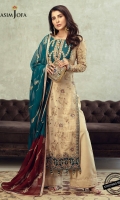 Embroidered front (W=26" H=45") Embroidered back (W=26" H=45") Embroidered Front neckline Embroidered Back Neckline Embroidered Sleeve bunches 2 Embroidered daaman border 52" Embroidered thin border for chaaks 3.5 meter Embroidered chiffon dupatta 2.5 meter Plain Maysuri for sleeves 0.5 meter Dyed raw silk trouser 2.5 meter