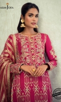 Embroidered Raw Silk Front (W=26" H=43") Embroidered Raw Silk Back (W=26" H=43") Embroidered Daaman border front and back 52” on organza Embroidered Neckline on organza Embroidered thin border on organza 1 meter Embroidered Sleeve border 1 meter 2 (L/R) embroidered sleeve bunches on organza Digital print trouser on raw silk 2.5 meter Dyed woven organza dupatta 2.5 meter