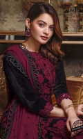 1 Embroidered center panel (W=12” H=40”)  2 Embroidered side panels (Right and left) (W=6” H=40”) Embroidered back (W=26” H=40”) Embroidered borders for front and back 52” Thin embroidered border 1 meter Plain velvet for sleeves 0.6 meter Embroidered dupatta 2.5 meter Dyed raw silk trousers 2.5 meter