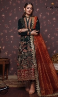 Embroidered front (W=25" H=45") Embroidered front back borders 52" Thin embroidered border 2 meter Plain velvet for back 1.15 meter Plain velvet for sleeves 0.6 meter Dyed raw silk trousers 2.5 meter Dyed woven organza dupatta 2.5 meter
