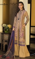 Embroidered and hand touched neckline (1) Embroidered and hand touched bunches for sleeves (2) Embroidered border (1.5 meter) Jacquard woven and dyed shirt (3 meter) Printed silk dupatta (2.5 meter) Dyed trouser (2.5 meter)