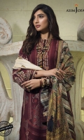 Embroidered and hand touched neckline (1) Embroidered and hand touched bunches for sleeves (2) Embroidered border (1.5 meter) Jacquard woven and dyed shirt (3 meter) Printed silk dupatta (2.5 meter) Dyed trouser (2.5 meter)