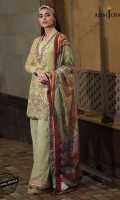 Embroidered front 1 (W=26” H=45”) Embroidered back 1 (W=26” H=45”) Embroidered border for back (26”) Thin embroidered border (1 meter) Dyed organza sleeves (0.5 meter) Printed lawn slip (2 meter) Printed trouser (2.5 meter) Printed silk dupatta (2.5 meter)