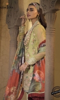 Embroidered front 1 (W=26” H=45”) Embroidered back 1 (W=26” H=45”) Embroidered border for back (26”) Thin embroidered border (1 meter) Dyed organza sleeves (0.5 meter) Printed lawn slip (2 meter) Printed trouser (2.5 meter) Printed silk dupatta (2.5 meter)
