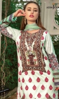 1 embroidered neckline 30" daman border 45" all over front embroidered 2 embroidered trouser bunch 2.5 meter embroidered dupatta  2.5 meter printed trouser 1 printed shirt back  1 printed sleeves