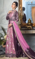Embroidered Koti front (2 pieces L/R) Embroidered Koti back Embroidered sleeve border 1 meter Embroidered chiffon dupatta 2.5 meter Embroidered hem border 3.5 meter Dyed raw silk trouser 2.5 meter Dyed jacquard lorex organza 5 yard