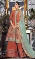 Embroidered motifs 14 Embroidered daman border 3.5 meter Thin embroidered border 2 meter Embroidered chiffon dupatta 2.5 meter Dyed raw silk trouser 2.5 meter Dyed jacquard cotton net 5 yard