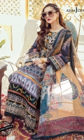 Embroidered neckline (1) Embroidered sleeve border 1 meter Embroidered daman border 1.5 meter Printed lawn shirt (Front +back+ sleeves) (1) Dyed cotton trouser 2 meter Digital printed silk dupatta 2.5 meter