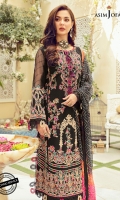 embroidered front 42” embroidered back 42” Yard embroidered sleeve hem border (1) Front embroidered border 27” Back embroidered border 27” Dyed cotton trouser 2 meter Dyed self jacquard sleeves 0.5 meter Printed silk dupatta 2.5 meter