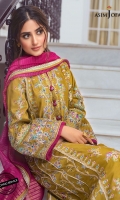 Embroidered center panel 1 Embroidered side panels 2 (W=6” H=45”) Embroidered back (W=26" H=45”) Embroidered sleeves (W=39" H=26") Embroidered border for front and back 52" Dyed raw silk trouser 2.5 meter Dyed woven organza dupatta 2.5 meter